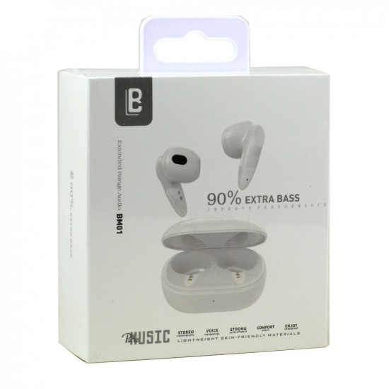 True Wireless Extra Bass Bluetooth Headset BM01, Universal TWS Earbuds with Built-in Mic, Perfect for Gaming & Music (White)