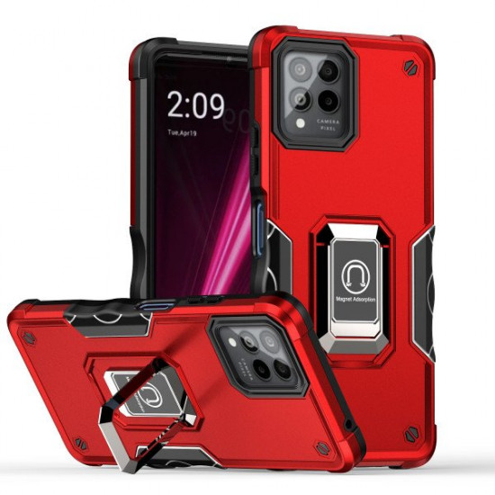 Heavy Duty Strong Shockproof Magnetic Plate Ring Stand Hybrid Grip Case Cover for T-Mobile Revvl 6 Pro 5G (Red)