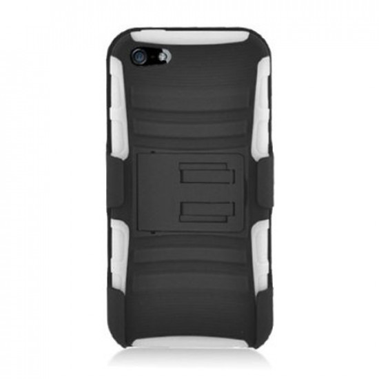 iPhone 5 Silicon+PC Dual Hybrid Case with Stand and Holster Clip (Black-White)