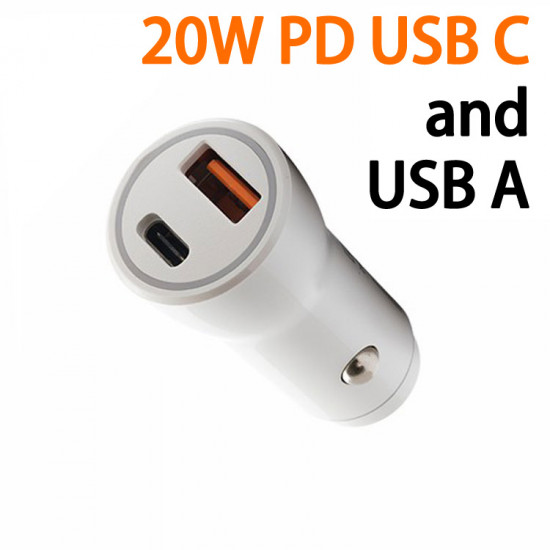 20W PD USB-C & USB-A 3.0A Quick Charge Dual Port Car Charger - Fast Charging for Phones, Tablets, Speakers, Electronics (White)