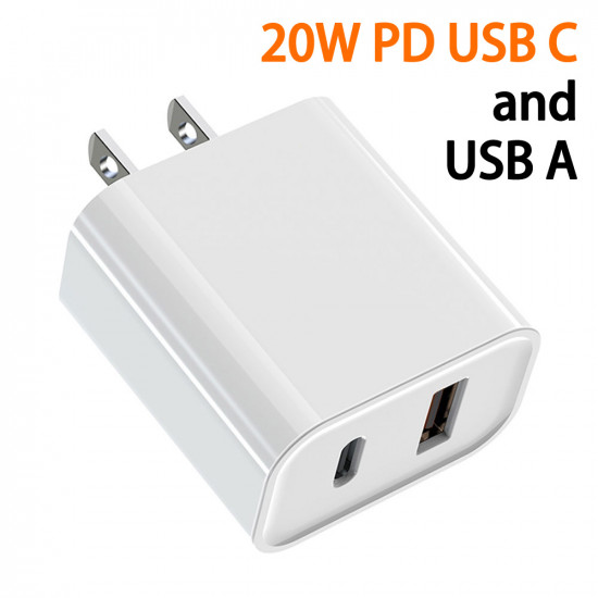 20W PD USB-C & USB-A 3.0A Quick Charge Dual Port Wall Charger - Ideal for Phones, Tablets, Speakers, Electronics (White)