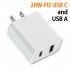 20W PD USB-C & USB-A 3.0A Quick Charge Dual Port Wall Charger - Ideal for Phones, Tablets, Speakers, Electronics (White)