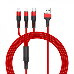 3-in-1 Nylon Strong Charge & Sync USB Cable 2.4A, 3FT, High-Speed, High Tensile Strength, Compatible with Multiple Devices (Red)