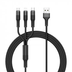 3-in-1 Nylon Strong Charge & Sync USB Cable 2.4A, 3FT, High-Speed, High Tensile Strength, Compatible with Multiple Devices (Black)