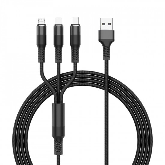 3-in-1 Nylon Strong Charge & Sync USB Cable 2.4A, 3FT, High-Speed, High Tensile Strength, Compatible with Multiple Devices (Black)