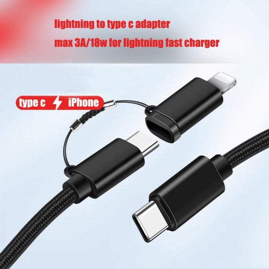 2in1 MAX 18W PD Speed Universal Charger Cable, USB-C/Type-C with iPhone Lighting Adapter, Premium Braided - Fast Charging & Durable (Black)
