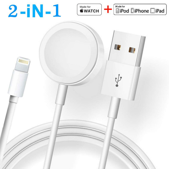 2-in-1 Magnetic Watch Charger & IOS Lightning Cable - Compatible with Apple Watch Series Ultra 8/7/6/SE/5/4/3/2/1 - Efficient Charging (White)