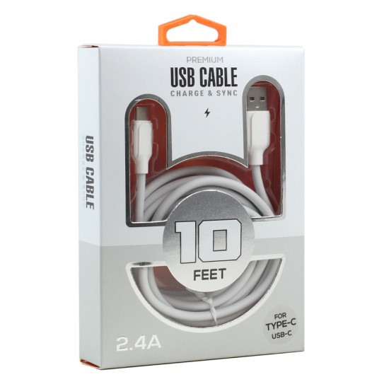 Type C 10FT USB-C 2.4A Heavy Duty Charge & Sync Cable - Durable & Strong for Fast Charging (White)