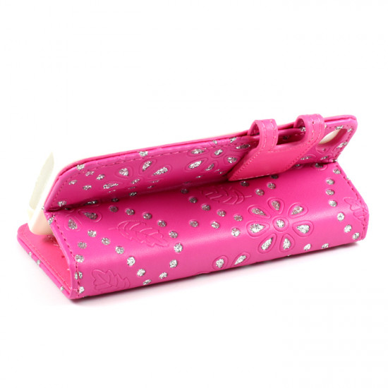 iPhone 4S 4 Diamond Flip Leather Wallet Case (Hot-Pink)