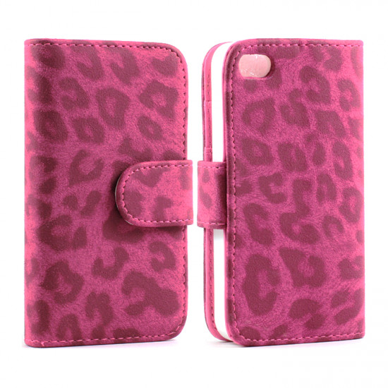 iPhone 4S / 4 Leopard Flip Leather Wallet Case  (Hot Pink)
