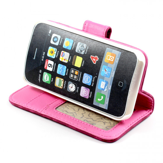 iPhone 4S / 4 Leopard Flip Leather Wallet Case  (Hot Pink)