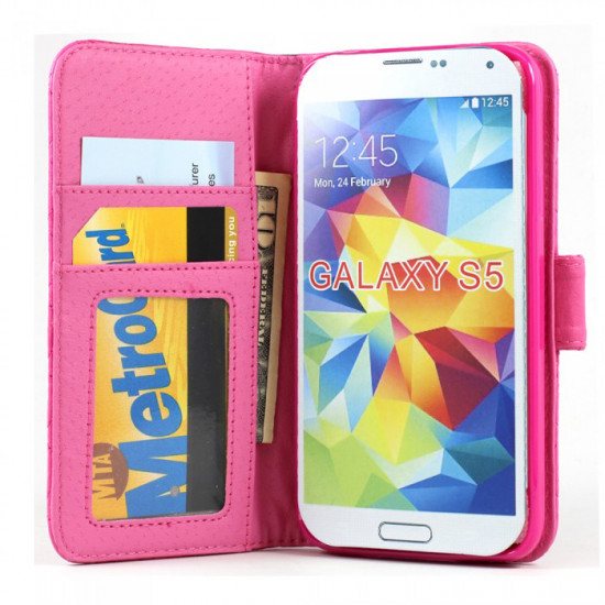 Samsung Galaxy S5 Quilted Flip Leather Wallet Case w Stand (Hot Pink)