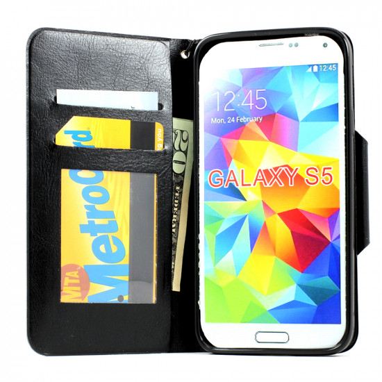 Samsung Galaxy S5 SM-G900 Slim Flip Leather Wallet TPU Case with Strap and Stand (Black)