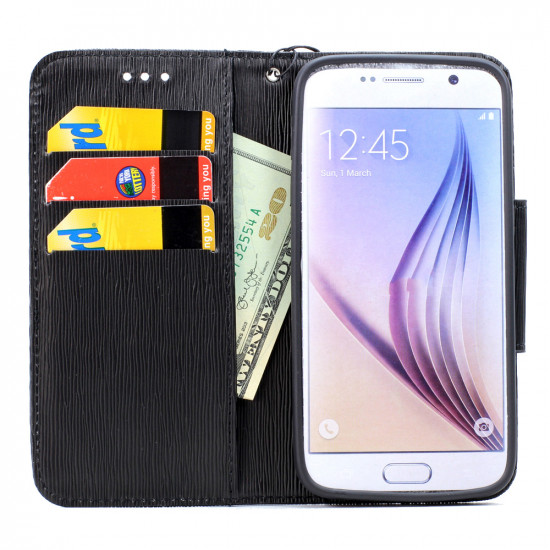 Galaxy S6 Edge Color Flip Leather Wallet Case with Strap (Black Black)