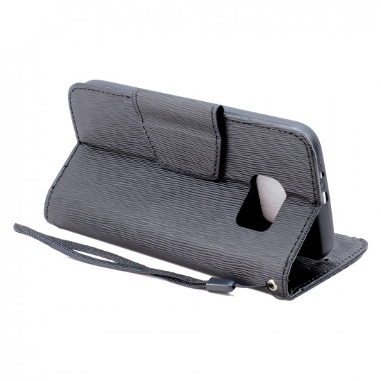 Galaxy S6 Edge Color Flip Leather Wallet Case with Strap (Black Black)