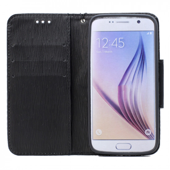 Galaxy S6 Edge Color Flip Leather Wallet Case with Strap (Black Black)