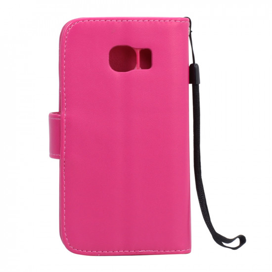 Galaxy S6 Edge Premium Flip Leather Wallet Case with Strap (Hot Pink)