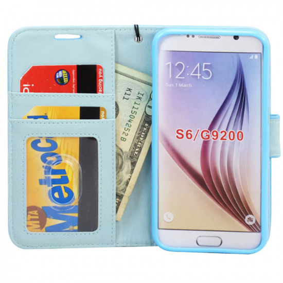Samsung Galaxy S6 Classic Flip Leather Wallet Case with Strap (Blue)