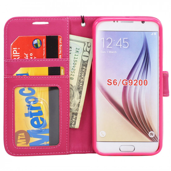 Samsung Galaxy S6 Classic Flip Leather Wallet Case with Strap (Hot Pink)