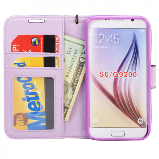 Samsung Galaxy S6 Classic Flip Leather Wallet Case with Strap (Purple)