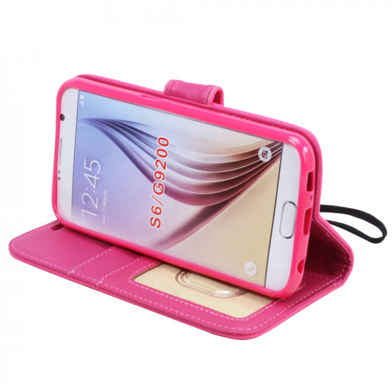 Galaxy S6 Premium Flip Leather Wallet Case with Strap (Hot Pink)