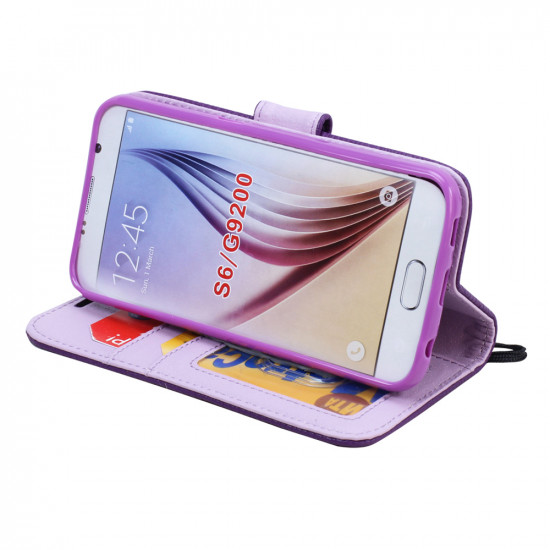 Galaxy S6 Premium Flip Leather Wallet Case with Strap (Purple)
