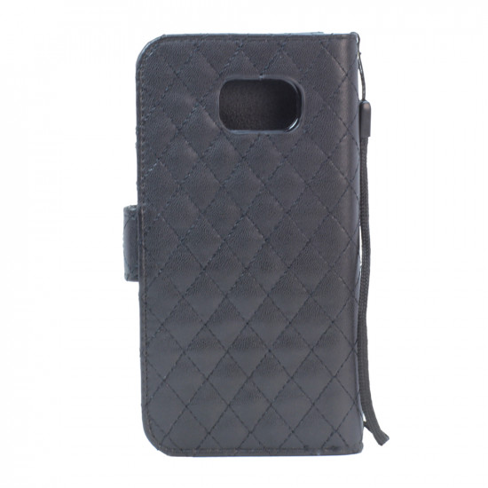 Samsung Galaxy S6 Quilted Flip Leather Wallet Case with Strap (Black)