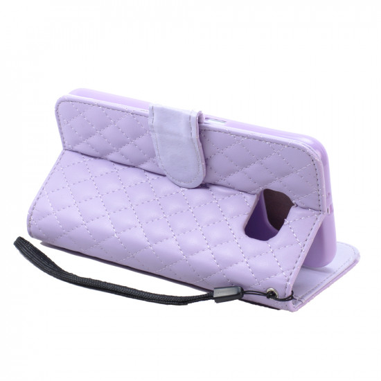 Samsung Galaxy S6 Quilted Flip Leather Wallet Case with Strap (Purple)