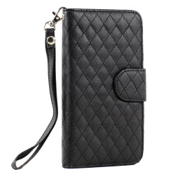 Samsung Galaxy Note 4 Quilted Flip Leather Wallet Case w Stand and Strap (Black)