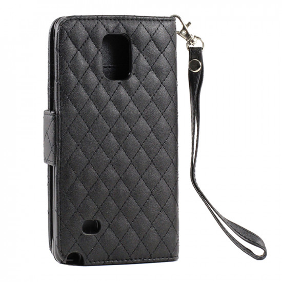 Samsung Galaxy Note 4 Quilted Flip Leather Wallet Case w Stand and Strap (Black)