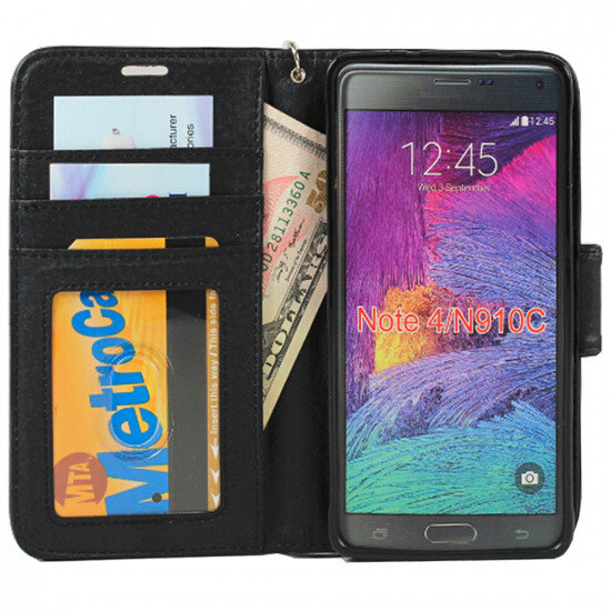 Samsung Galaxy Note 4 Quilted Flip Leather Wallet Case w Stand and Strap (Black)