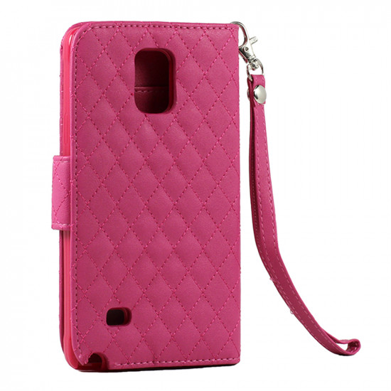 Samsung Galaxy Note 4 Quilted Flip Leather Wallet Case w Stand and Strap (Hot Pink)