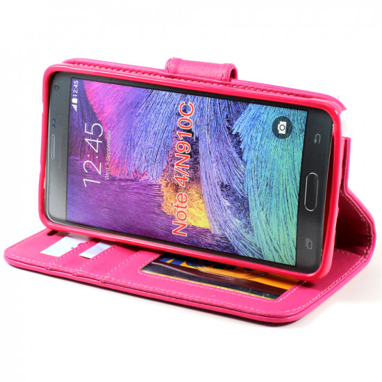 Samsung Galaxy Note 4 Quilted Flip Leather Wallet Case w Stand and Strap (Hot Pink)