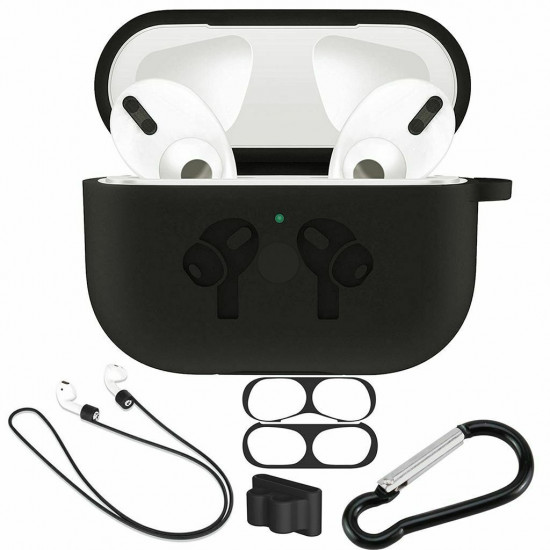 5 in 1 Accessories Kits Silicone Cover with Ear Hook Grips / Staps / Clip / Skin / Tips for [Airpods Pro] Charging Case (Black)