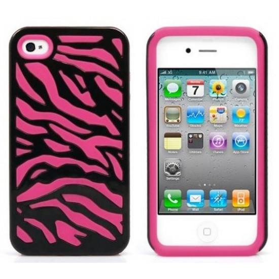 iPhone 4 4S Zebra Hybrid Case (Black-Hot Pink)