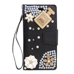 iPhone XS / X Crystal Flip Leather Wallet Case with Strap (Perfume Black)