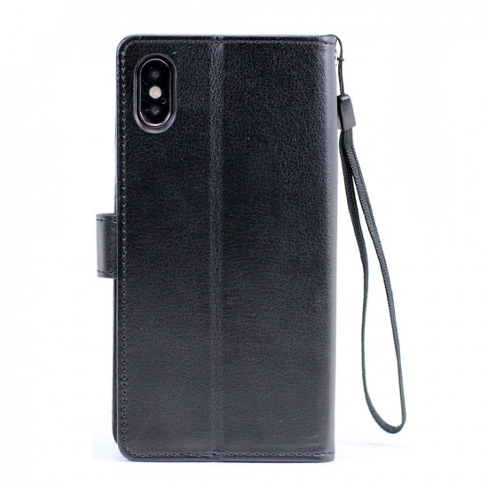 iPhone XS / X Crystal Flip Leather Wallet Case with Strap (Tower Black)