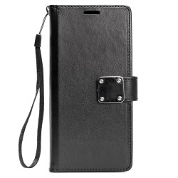 iPhone Xs Max Multi Pockets Folio Flip Leather Wallet Case with Strap (Black)