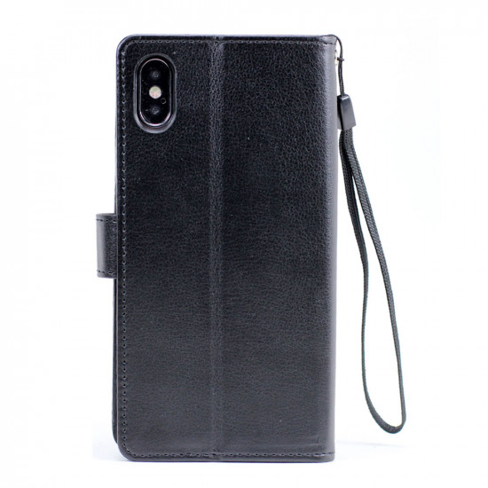 iPhone X (Ten) Multi Pockets Folio Flip Leather Wallet Case with Strap (Black)