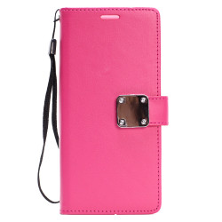 iPhone X (Ten) Multi Pockets Folio Flip Leather Wallet Case with Strap (Hot Pink)