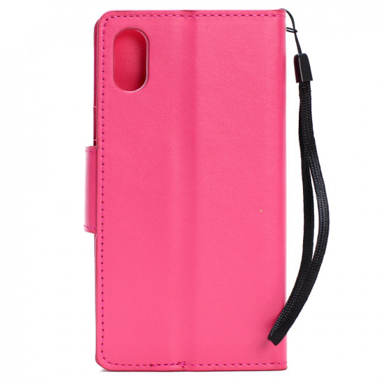 iPhone X (Ten) Multi Pockets Folio Flip Leather Wallet Case with Strap (Hot Pink)