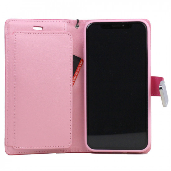 iPhone X (Ten) Multi Pockets Folio Flip Leather Wallet Case with Strap (Hot Pink)