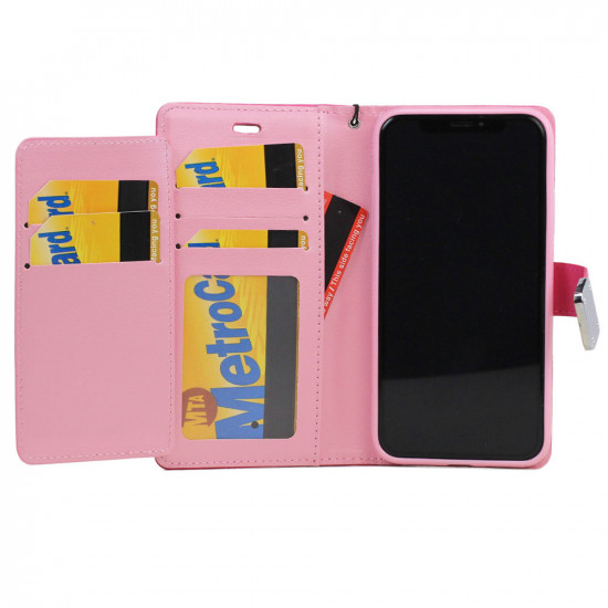 iPhone X (Ten) Multi Pockets Folio Flip Leather Wallet Case with Strap (Hot Pink)