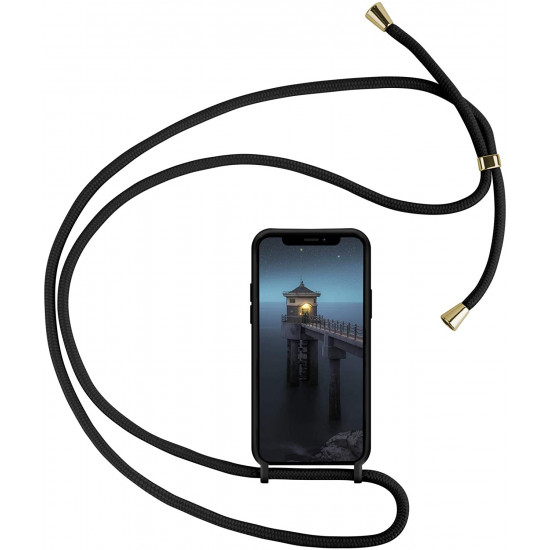 Crossbody Lanyard Neck Strap Adjustable Necklace Pro Silicone Case Bag for iPhone 12 / 12 Pro 6.1 (Black)