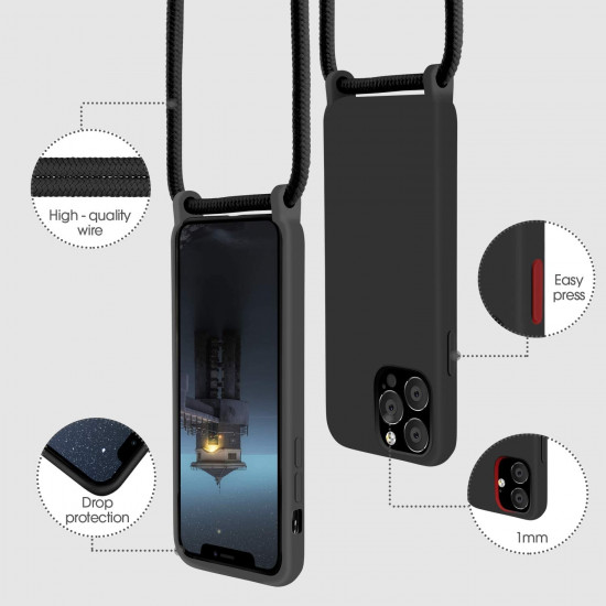 Crossbody Lanyard Neck Strap Adjustable Necklace Pro Silicone Case Bag for iPhone 12 / 12 Pro 6.1 (Black)