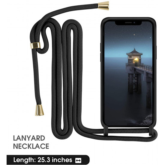 Crossbody Lanyard Neck Strap Adjustable Necklace Pro Silicone Case Bag for iPhone 12 Pro Max 6.7 (Black)