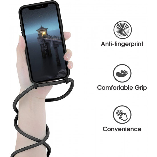 Crossbody Lanyard Neck Strap Adjustable Necklace Pro Silicone Case Bag for iPhone 12 Pro Max 6.7 (Black)