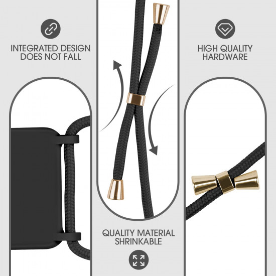 Crossbody Lanyard Neck Strap Adjustable Necklace Pro Silicone Case Bag for iPhone 12 / 12 Pro 6.1 (Black)