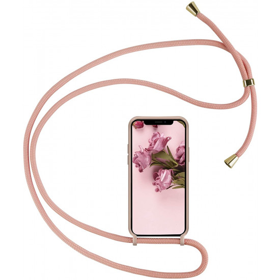 Crossbody Lanyard Neck Strap Adjustable Necklace Pro Silicone Case Bag for iPhone 12 Pro Max 6.7 (Pink)