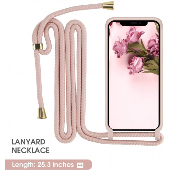 Crossbody Lanyard Neck Strap Adjustable Necklace Pro Silicone Case Bag for iPhone 12 / 12 Pro 6.1 (Pink)